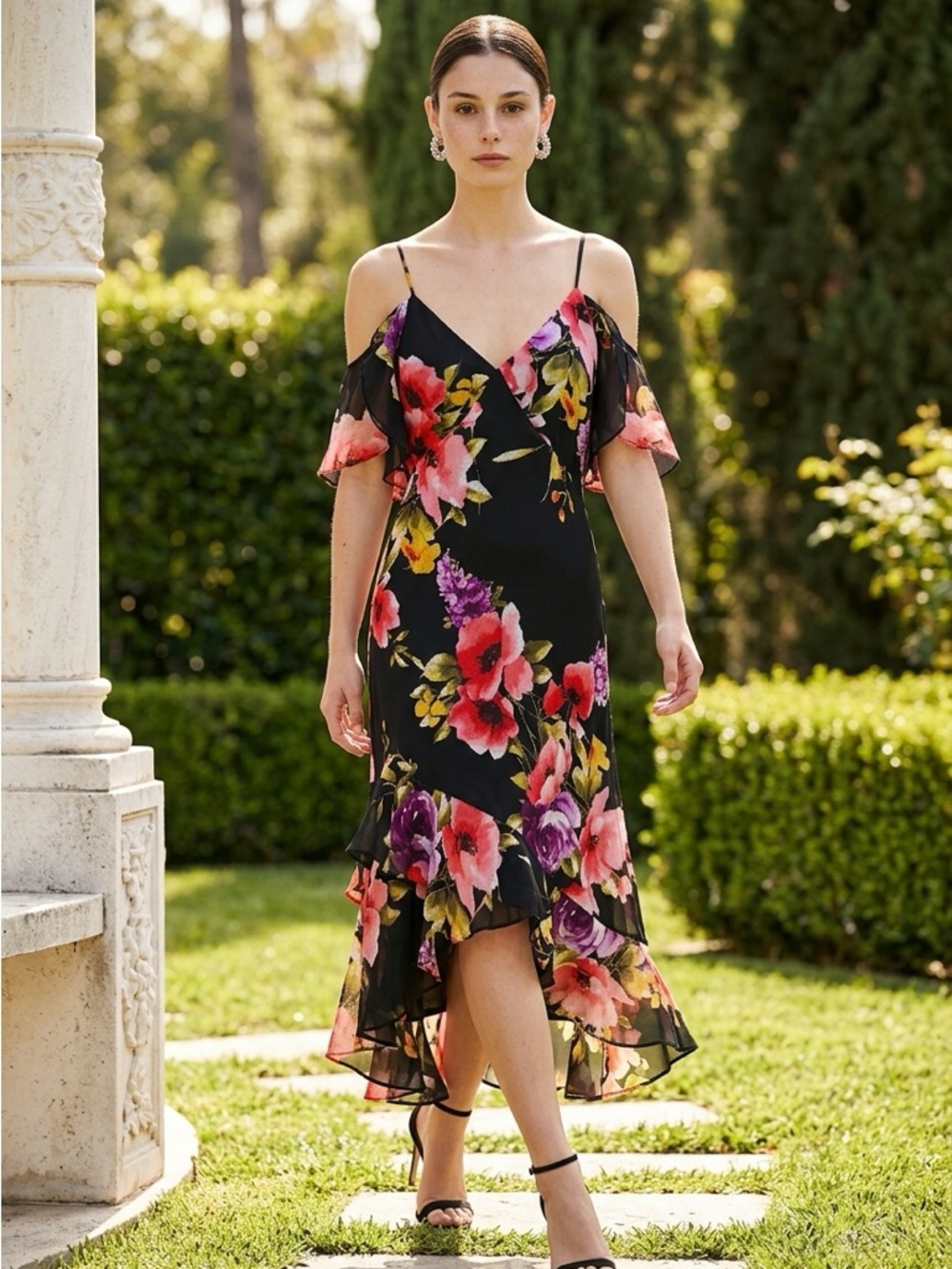 Lulu's Black Floral Cold-Shoulder High-Low Dress